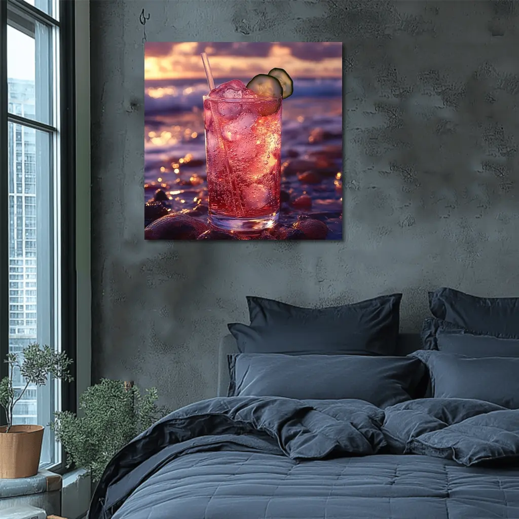 Pink Cocktail Drink Sunset Ocean Background – Wall Art