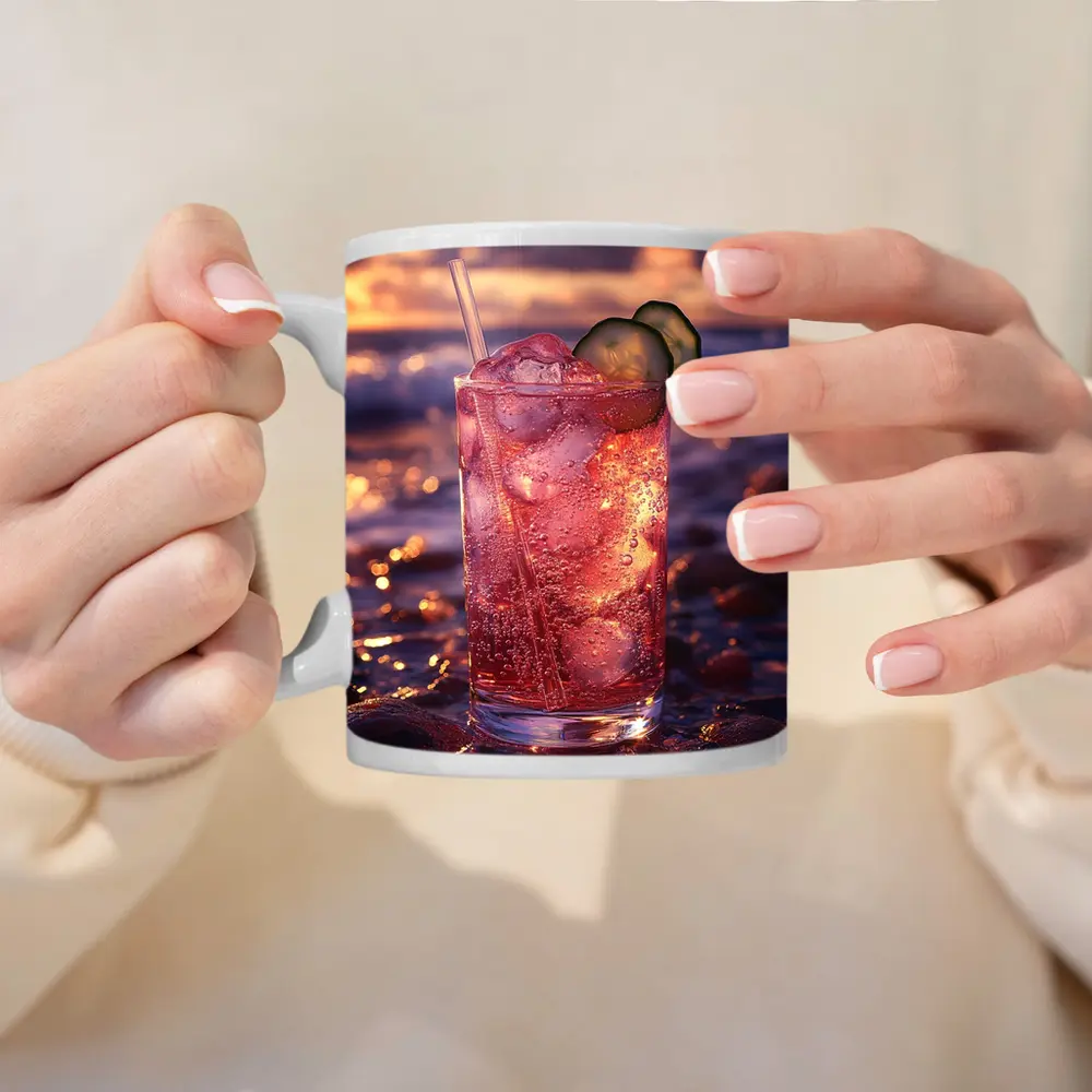 Pink Cocktail Drink Sunset Ocean Background – Mugs