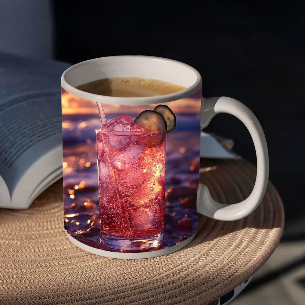 Pink Cocktail Drink Sunset Ocean Background – Mugs