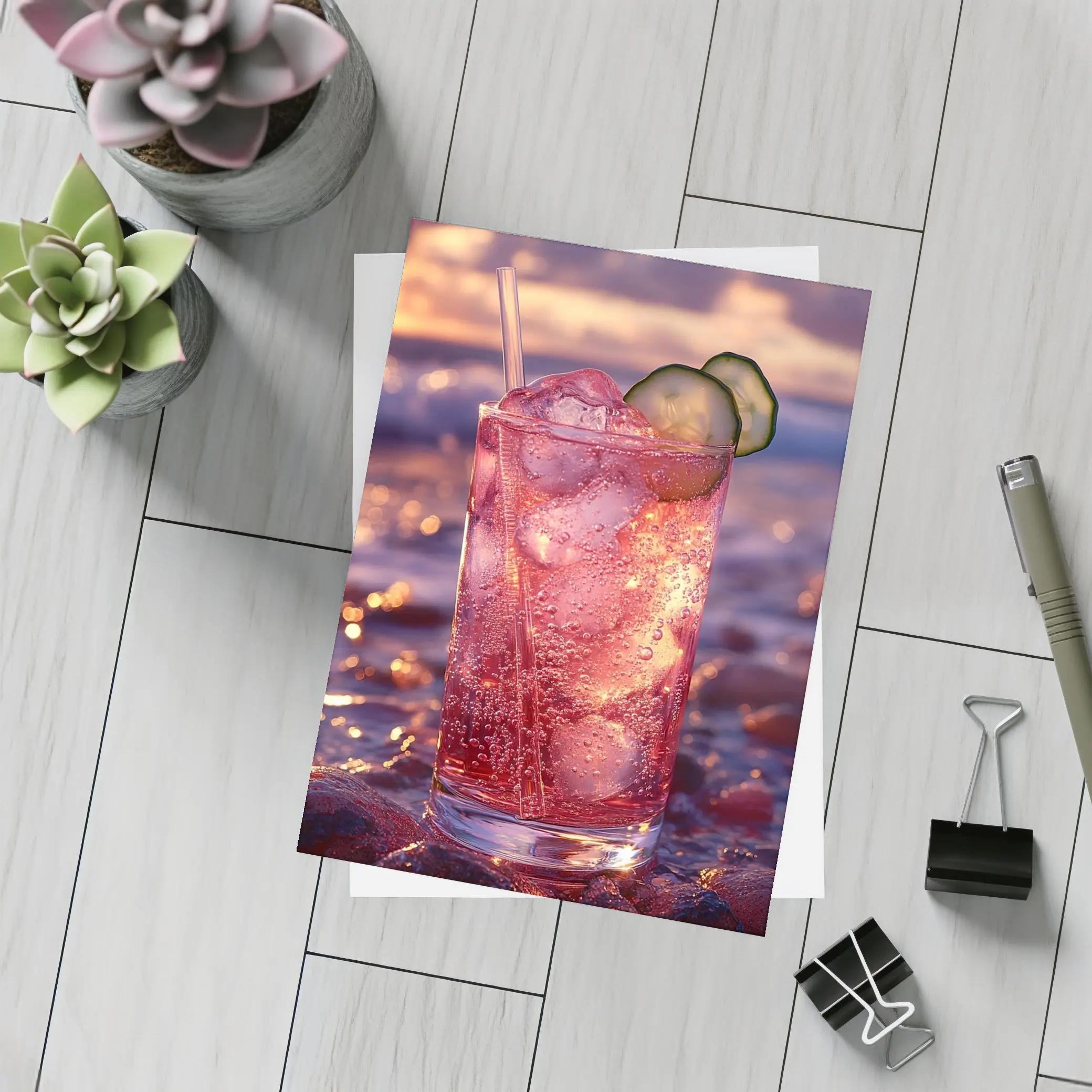 Pink Cocktail Drink Sunset Ocean Background – Postcards