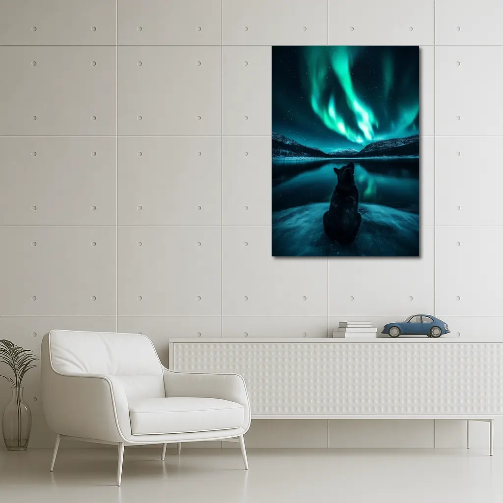 Wolf Watching Northern Lights Over Lake – Wall Art