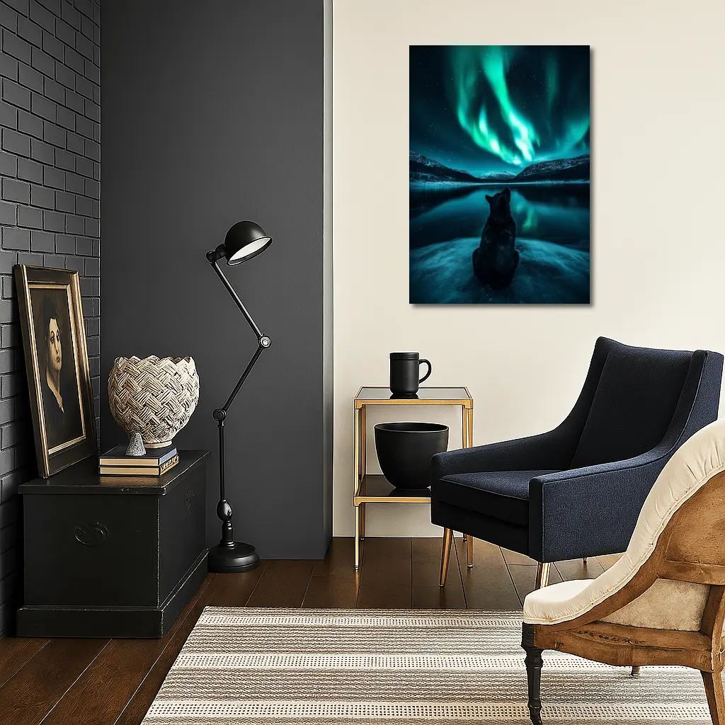 Wolf Watching Northern Lights Over Lake – Wall Art