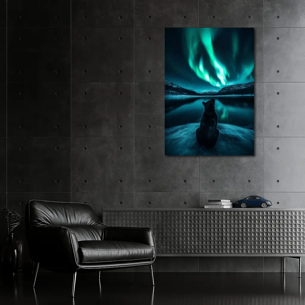 Wolf Watching Northern Lights Over Lake – Wall Art