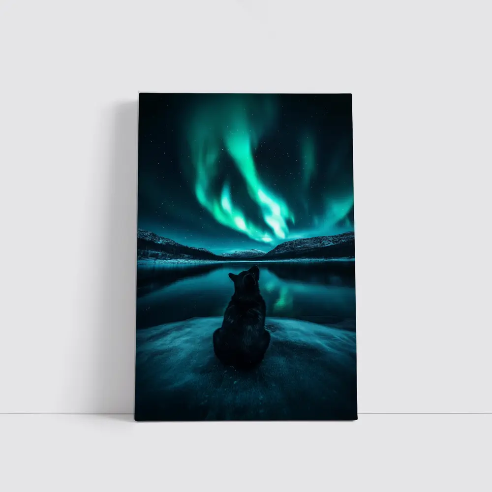 Wolf Watching Northern Lights Over Lake – Wall Art