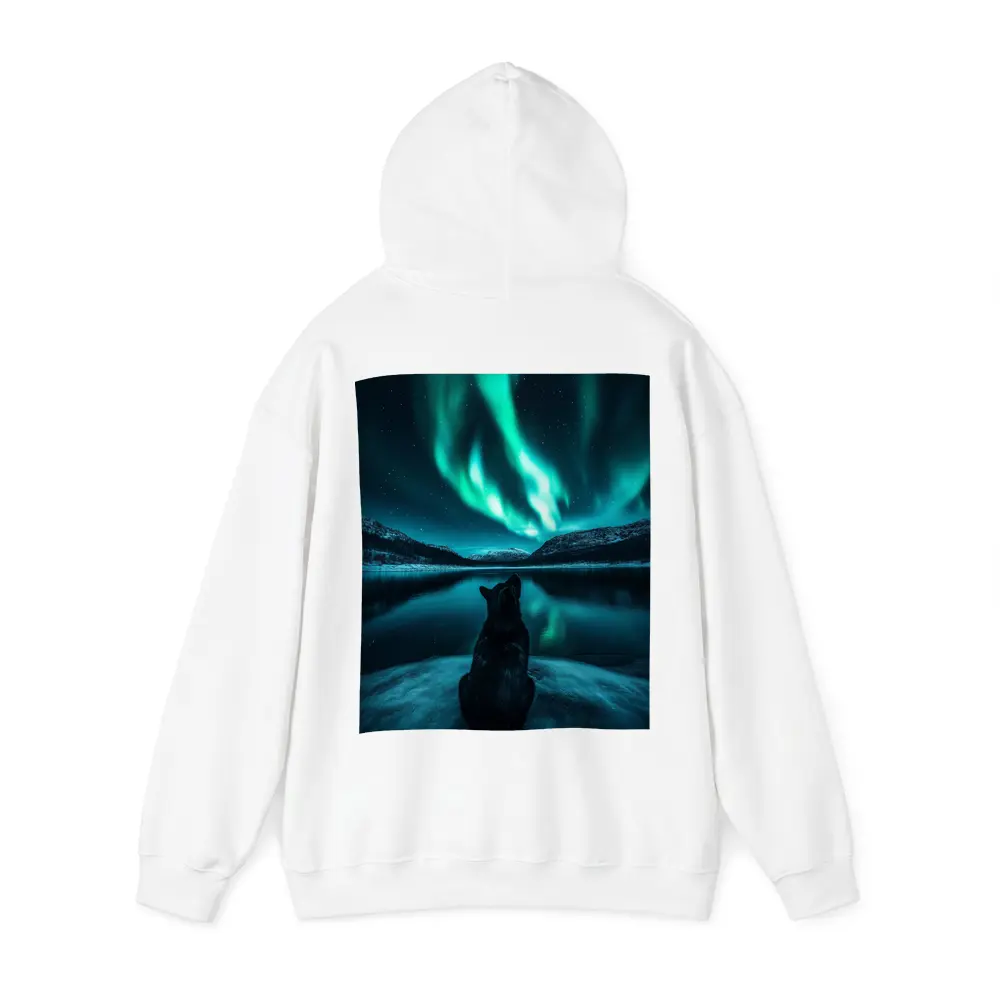 Wolf Watching Northern Lights Over Lake – Hoodies