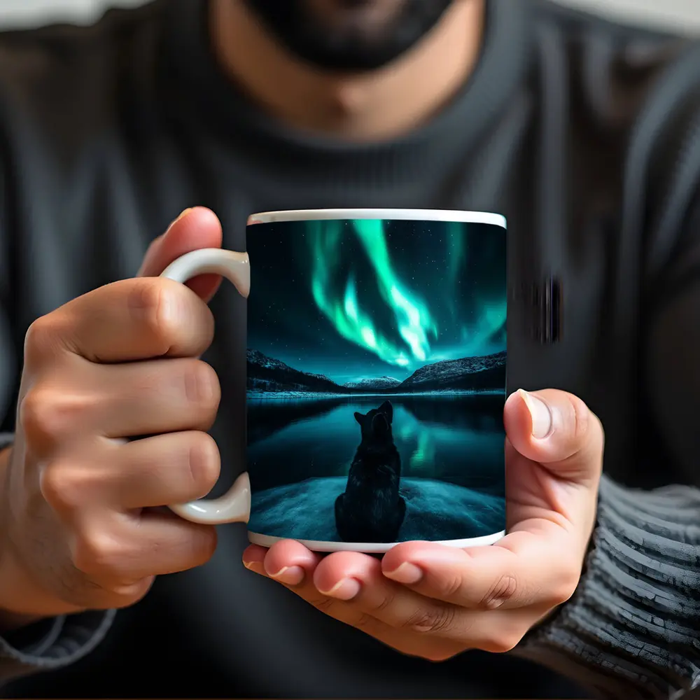 Wolf Watching Northern Lights Over Lake – Mugs