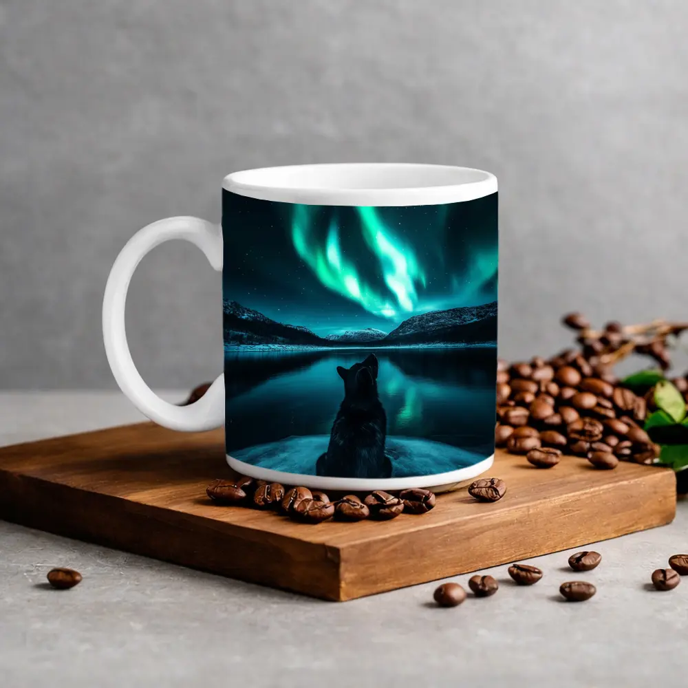 Wolf Watching Northern Lights Over Lake – Mugs