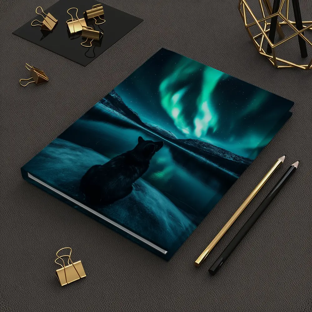 Wolf Watching Northern Lights Over Lake – Notebooks