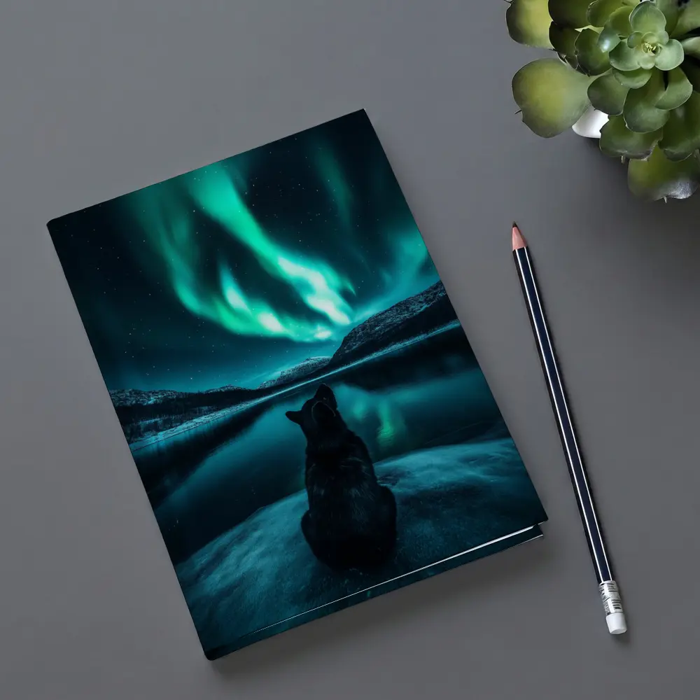 Wolf Watching Northern Lights Over Lake – Notebooks