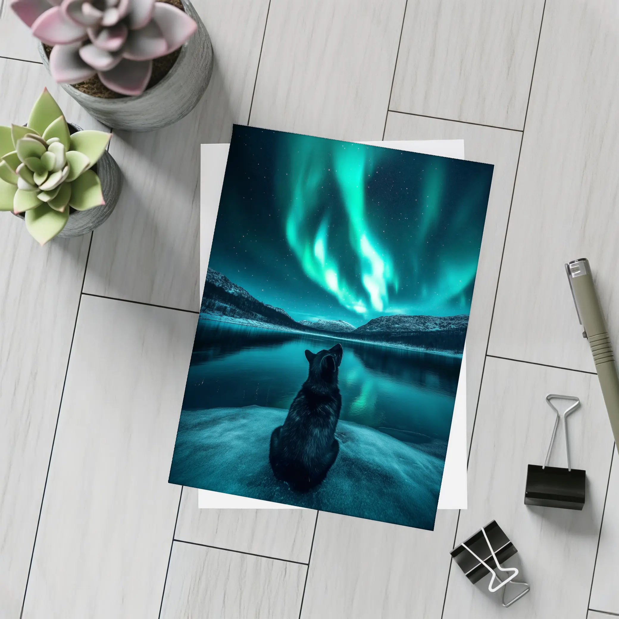 Wolf Watching Northern Lights Over Lake – Postcards