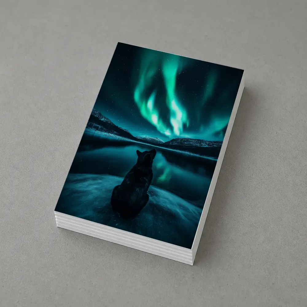 Wolf Watching Northern Lights Over Lake – Postcards