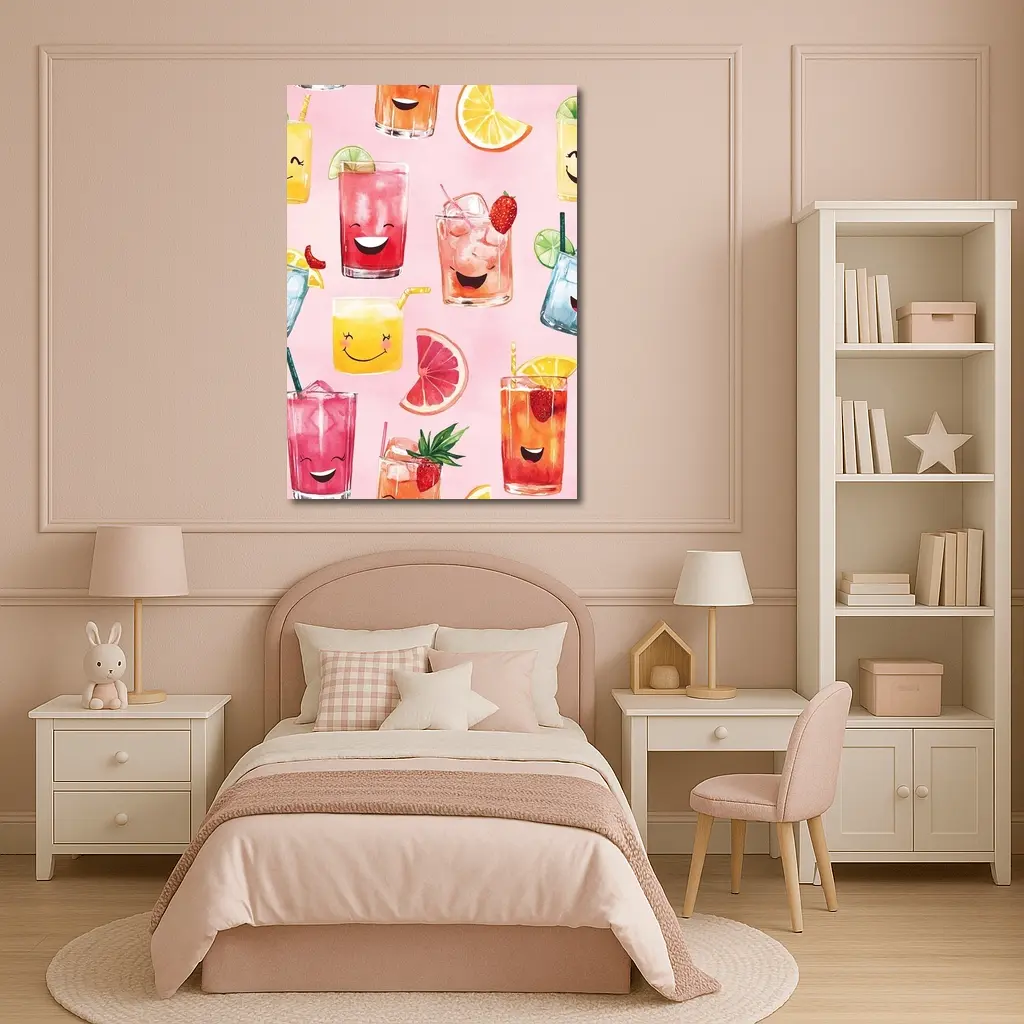 Happy Cartoon Cocktail Glasses Pink Pattern – Wall Art