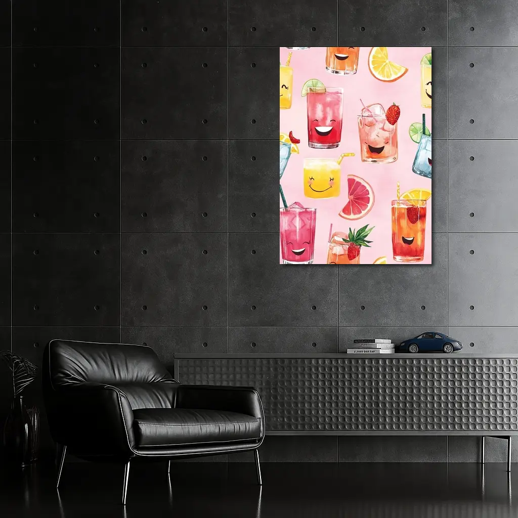 Happy Cartoon Cocktail Glasses Pink Pattern – Wall Art