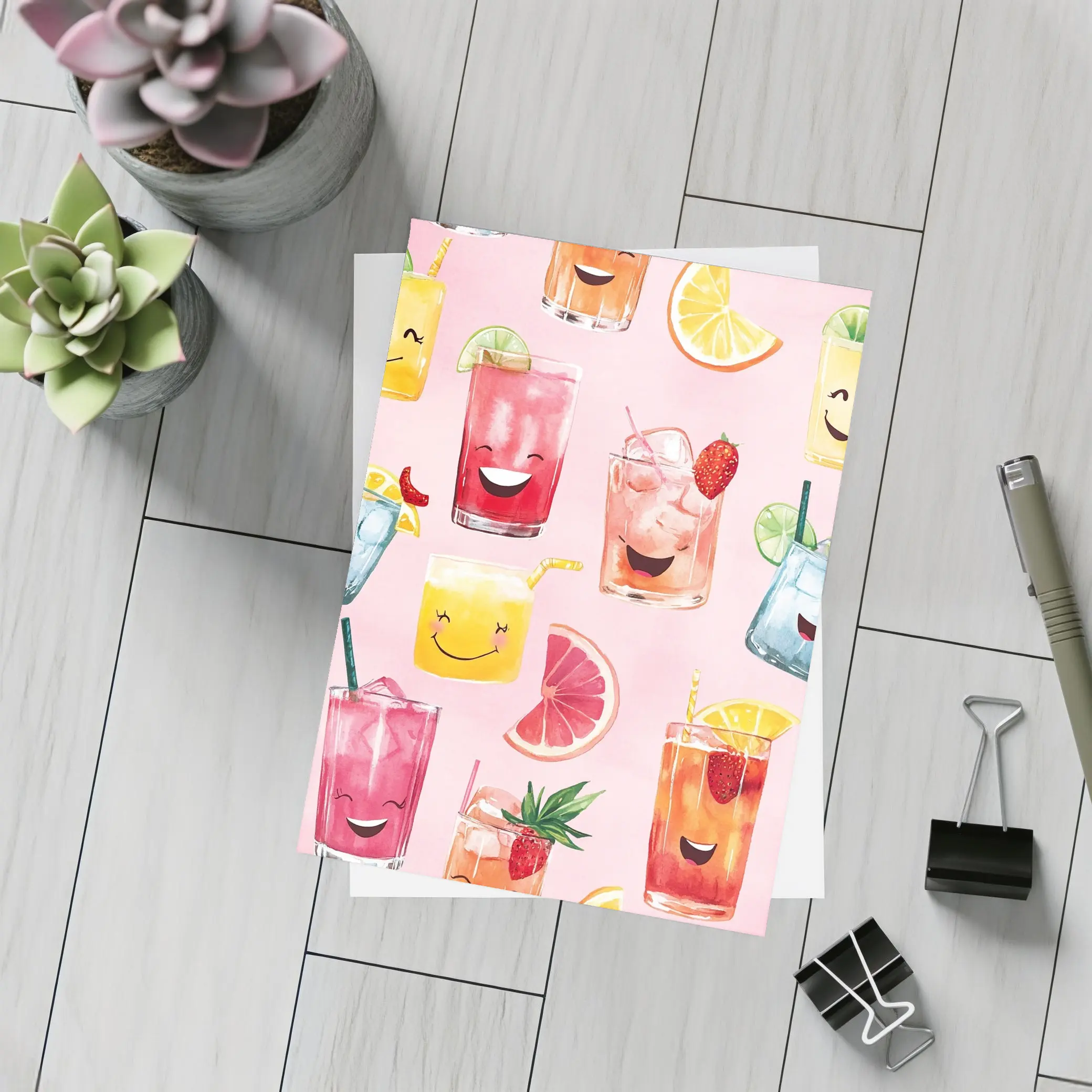 Happy Cartoon Cocktail Glasses Pink Pattern – Postcards