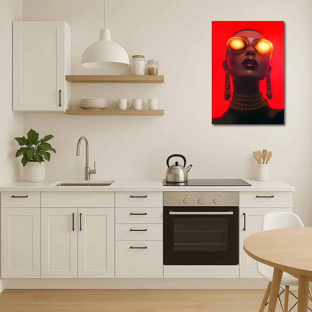Bald Woman Gold Sunglasses Red Background Fashion – Wall Art