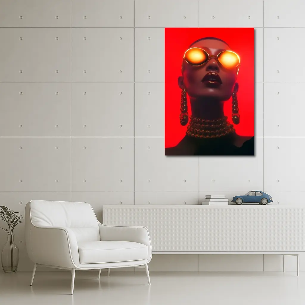 Bald Woman Gold Sunglasses Red Background Fashion – Wall Art