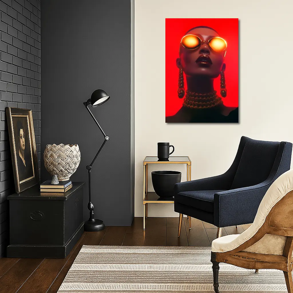 Bald Woman Gold Sunglasses Red Background Fashion – Wall Art