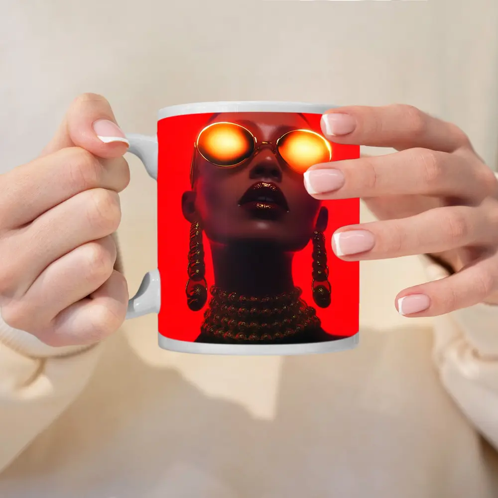 Bald Woman Gold Sunglasses Red Background Fashion – Mugs