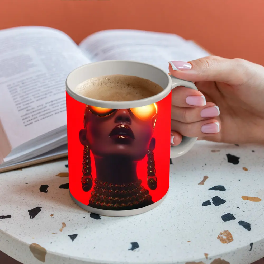 Bald Woman Gold Sunglasses Red Background Fashion – Mugs