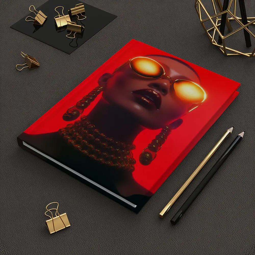 Bald Woman Gold Sunglasses Red Background Fashion – Notebooks