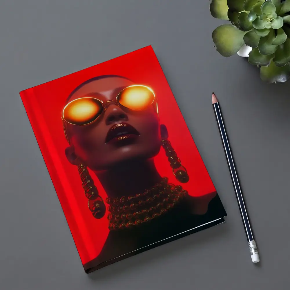Bald Woman Gold Sunglasses Red Background Fashion – Notebooks