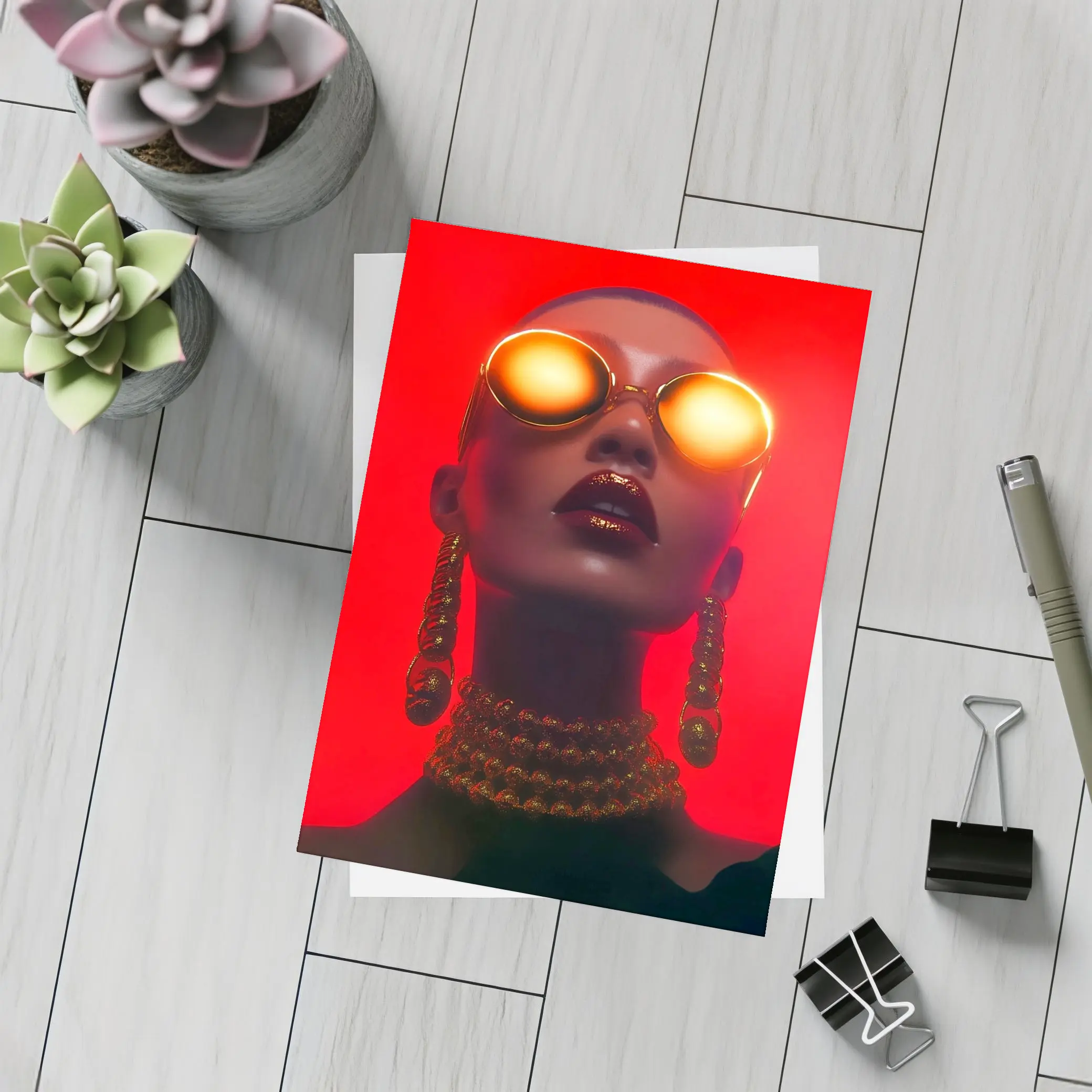 Bald Woman Gold Sunglasses Red Background Fashion – Postcards