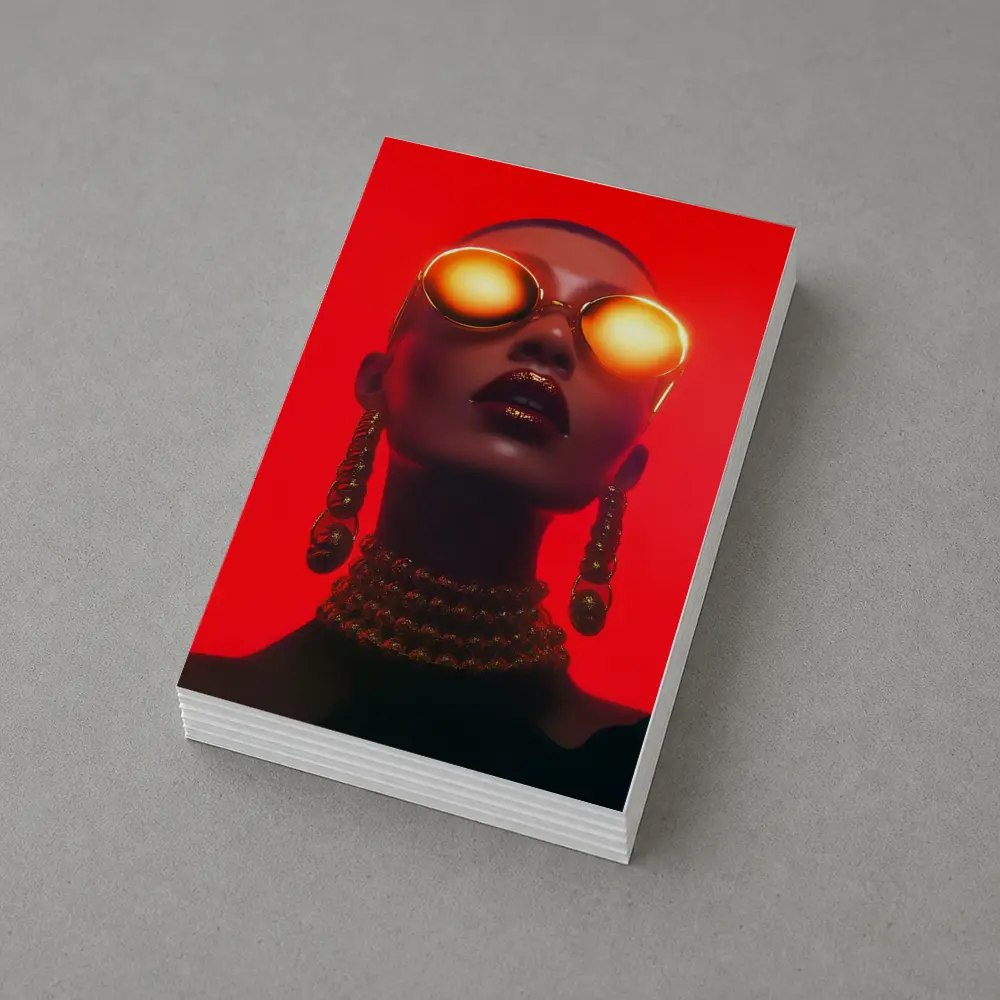 Bald Woman Gold Sunglasses Red Background Fashion – Postcards
