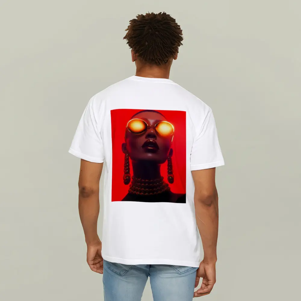 Bald Woman Gold Sunglasses Red Background Fashion – T-Shirts