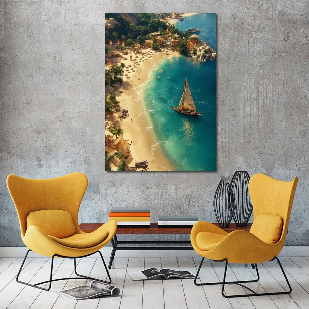 Tropical Bay Sailboat Aerial Fantasy Scene – Wall Art