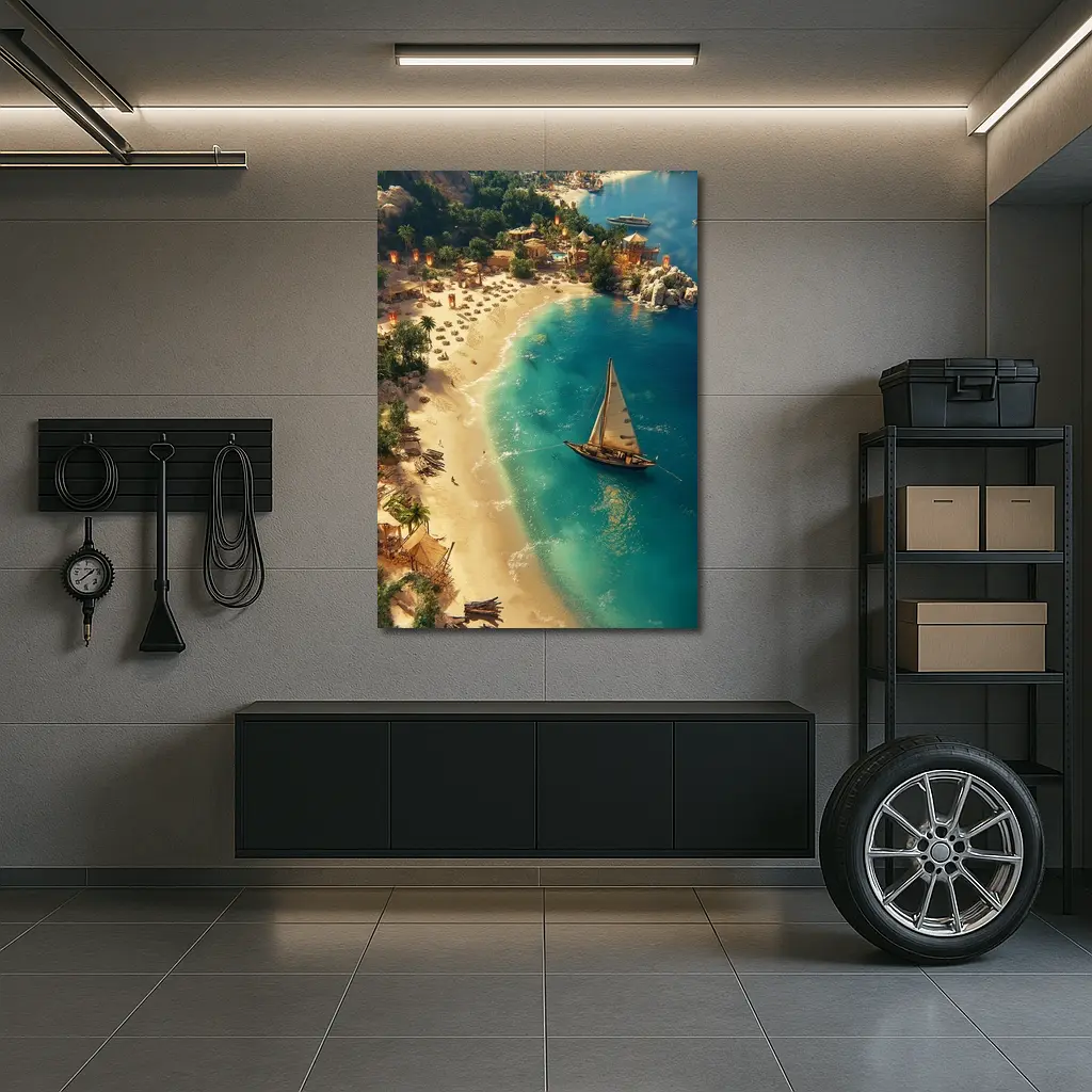 Tropical Bay Sailboat Aerial Fantasy Scene – Wall Art