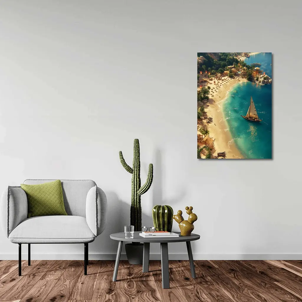 Tropical Bay Sailboat Aerial Fantasy Scene – Wall Art