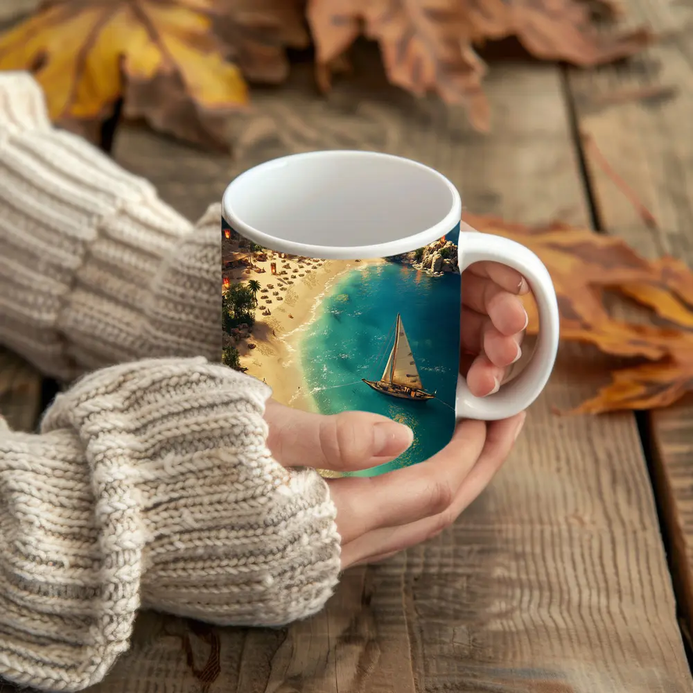 Tropical Bay Sailboat Aerial Fantasy Scene – Mugs