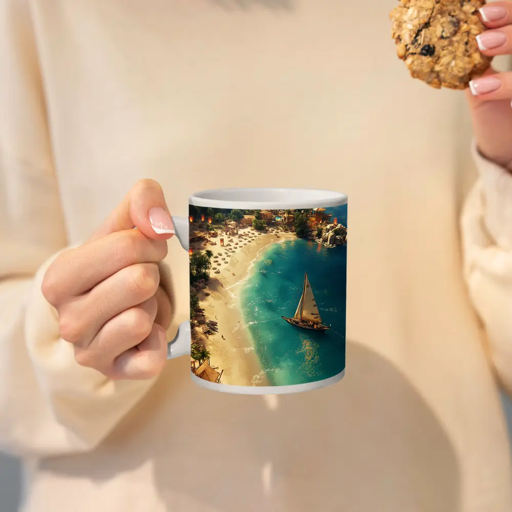 Tropical Bay Sailboat Aerial Fantasy Scene – Mugs