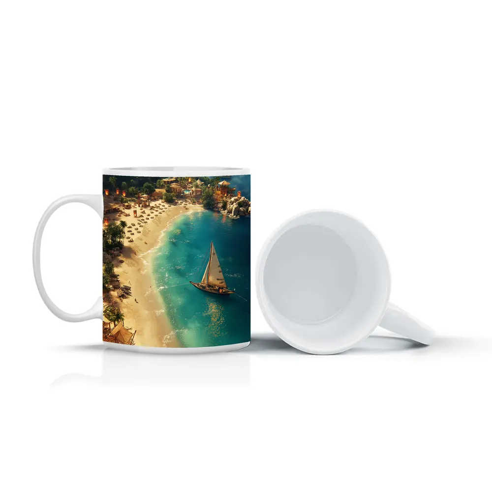 Tropical Bay Sailboat Aerial Fantasy Scene – Mugs