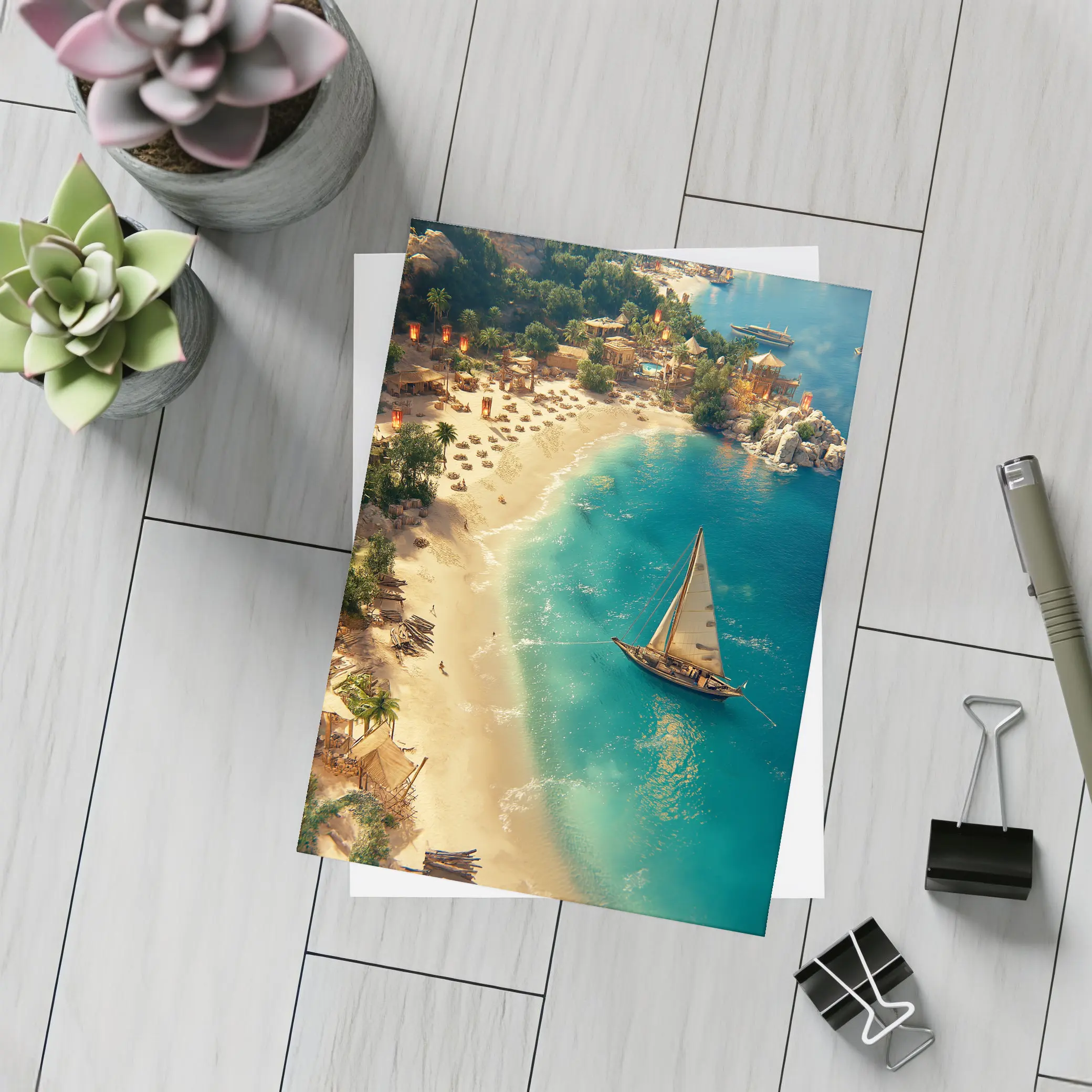 Tropical Bay Sailboat Aerial Fantasy Scene – Postcards
