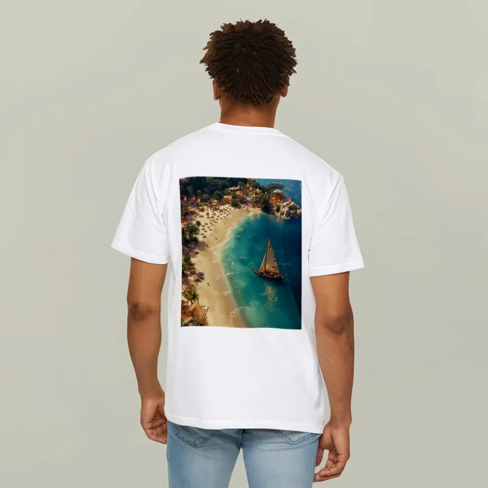 Tropical Bay Sailboat Aerial Fantasy Scene – T-Shirts