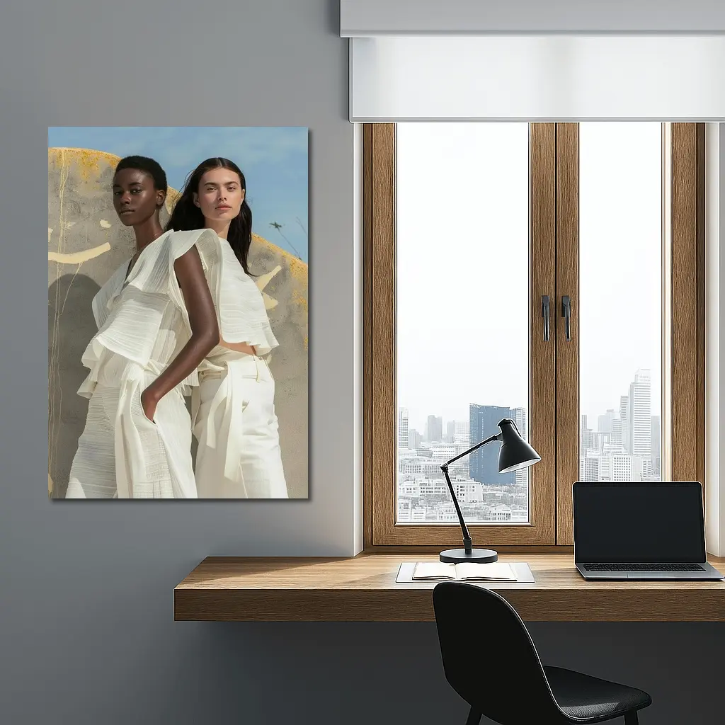 Two Women White Outfits Outdoor Fashion – Wall Art
