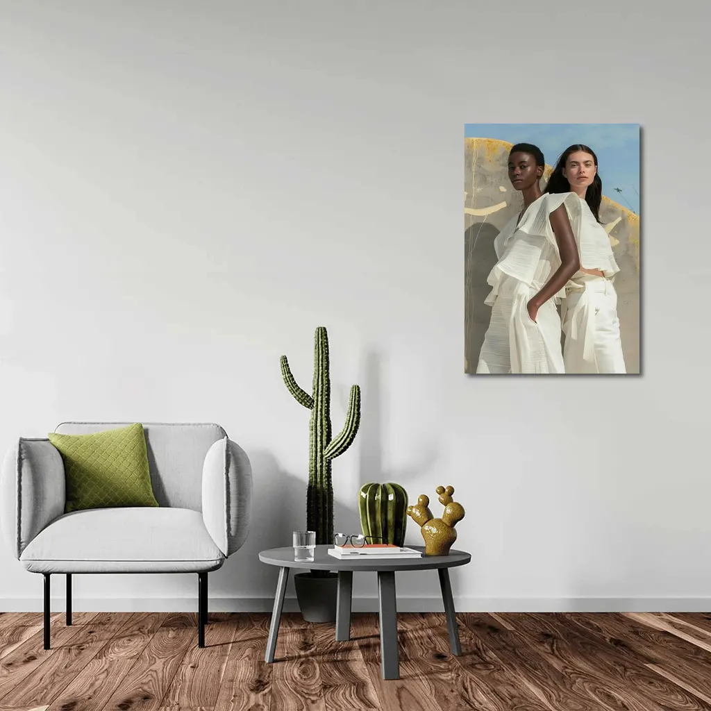 Two Women White Outfits Outdoor Fashion – Wall Art