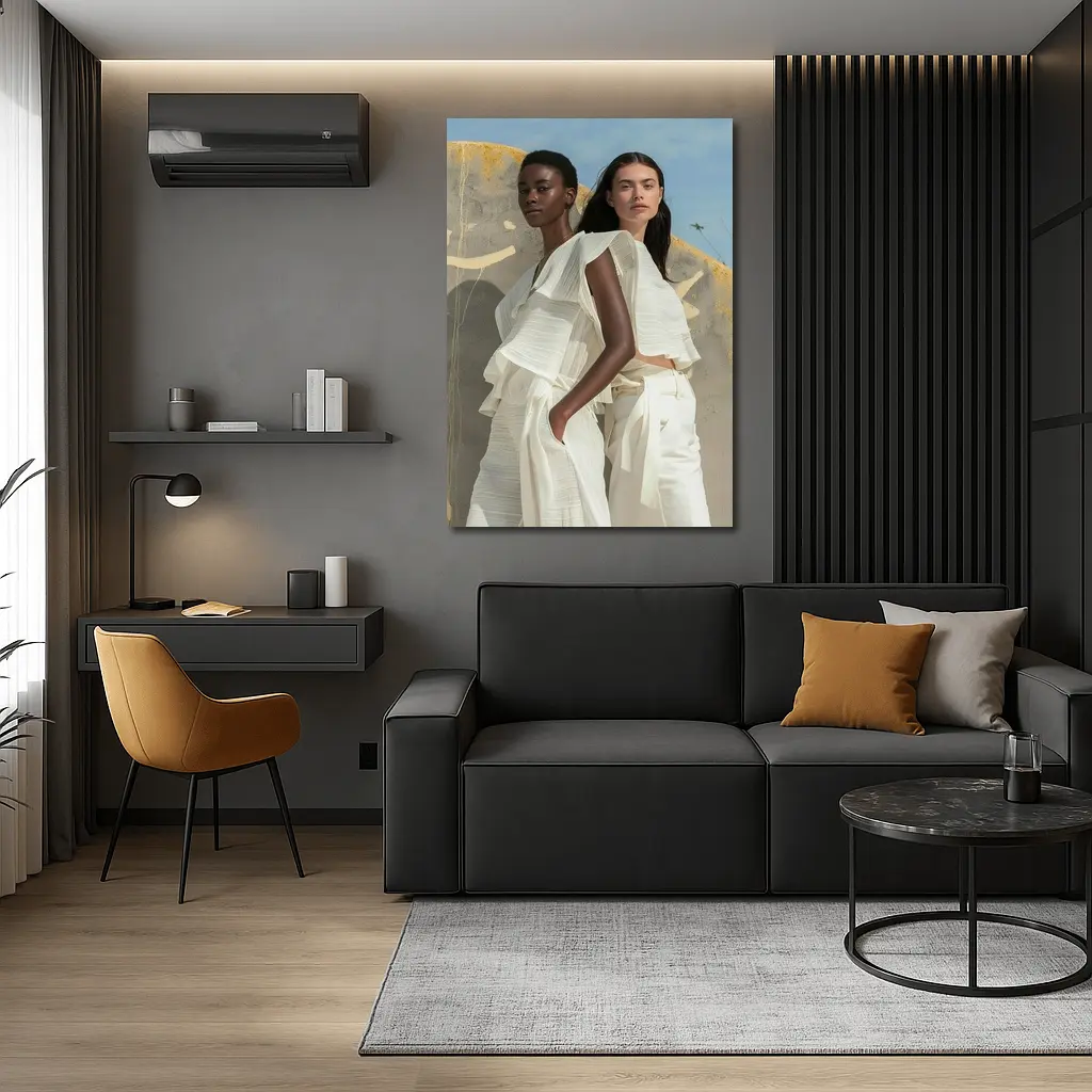 Two Women White Outfits Outdoor Fashion – Wall Art