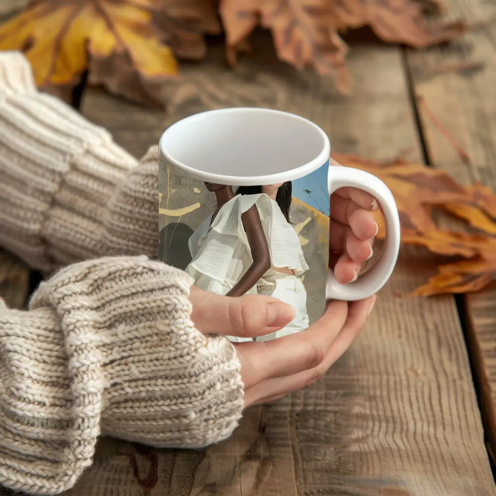 Two Women White Outfits Outdoor Fashion – Mugs