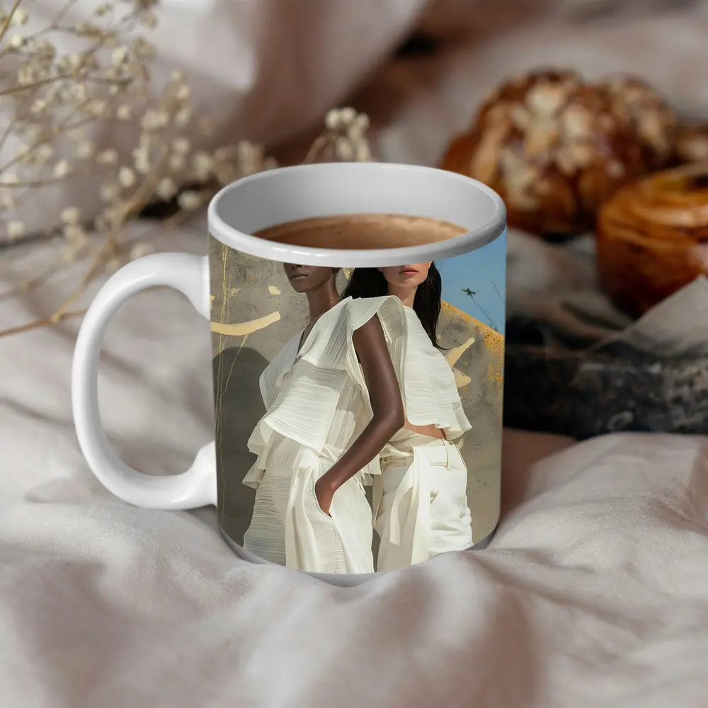 Two Women White Outfits Outdoor Fashion – Mugs
