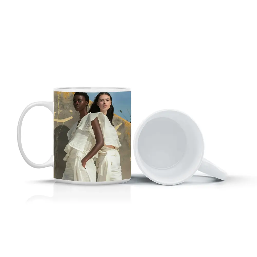 Two Women White Outfits Outdoor Fashion – Mugs