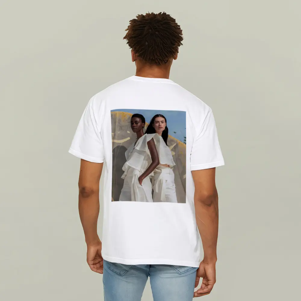 Two Women White Outfits Outdoor Fashion – T-Shirts