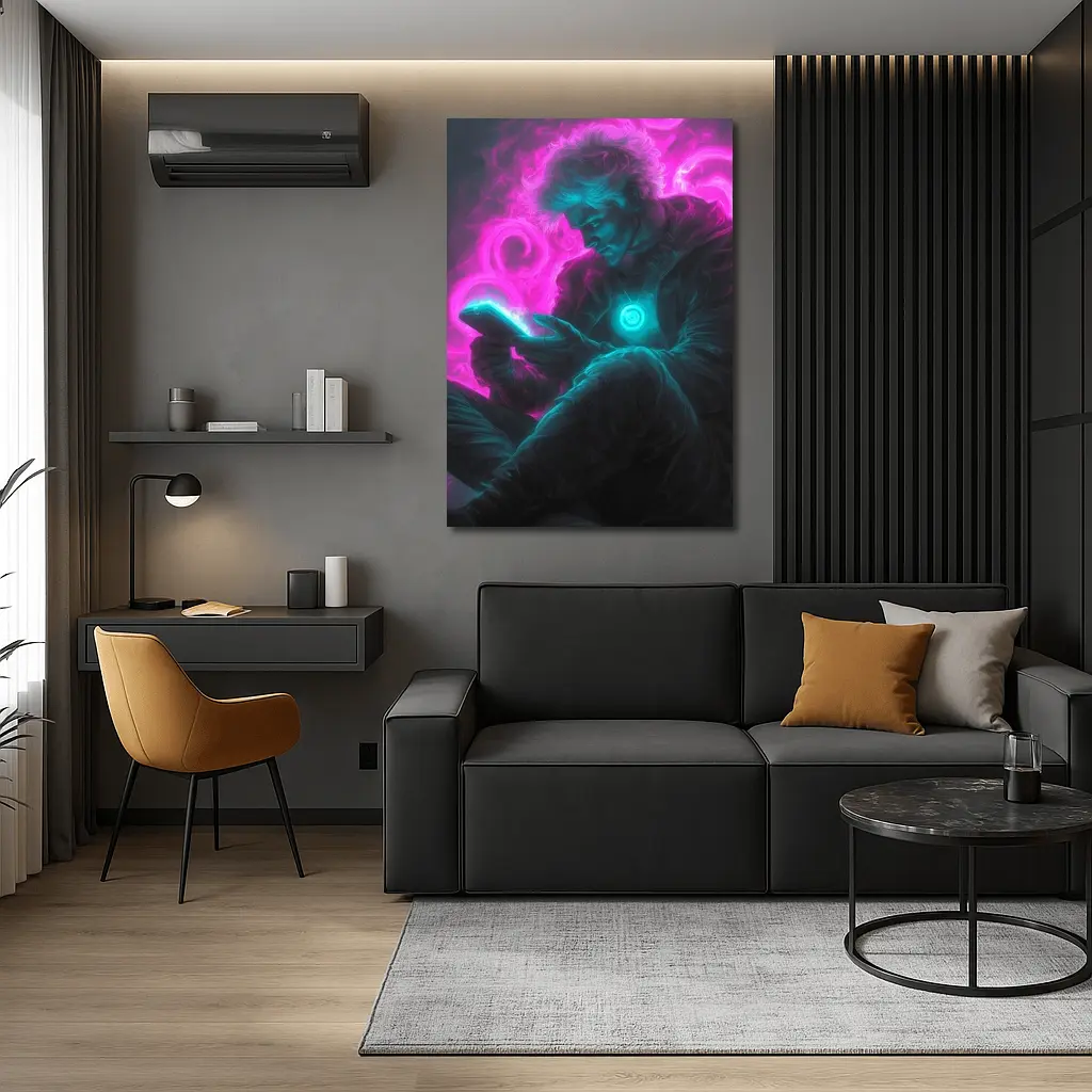 Neon Cyberpunk Man Scrolling Glowing Phone – Wall Art