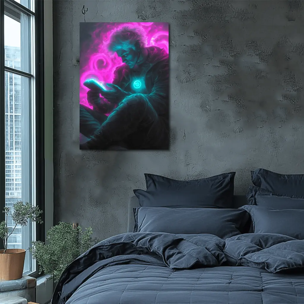 Neon Cyberpunk Man Scrolling Glowing Phone – Wall Art