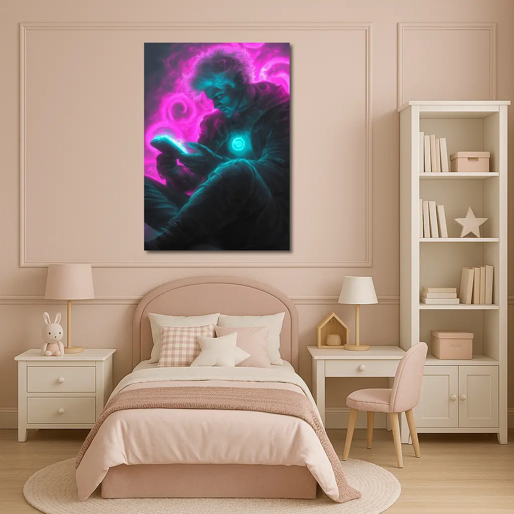 Neon Cyberpunk Man Scrolling Glowing Phone – Wall Art