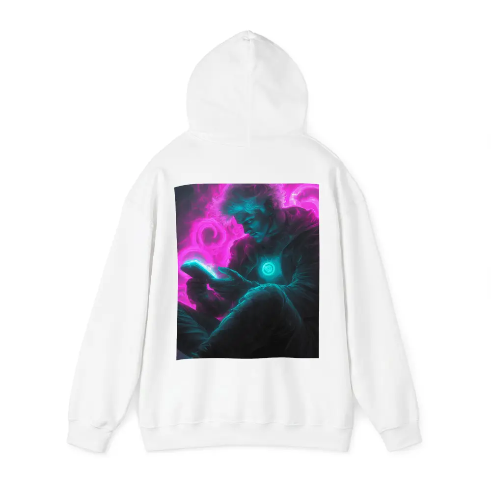 Neon Cyberpunk Man Scrolling Glowing Phone – Hoodies