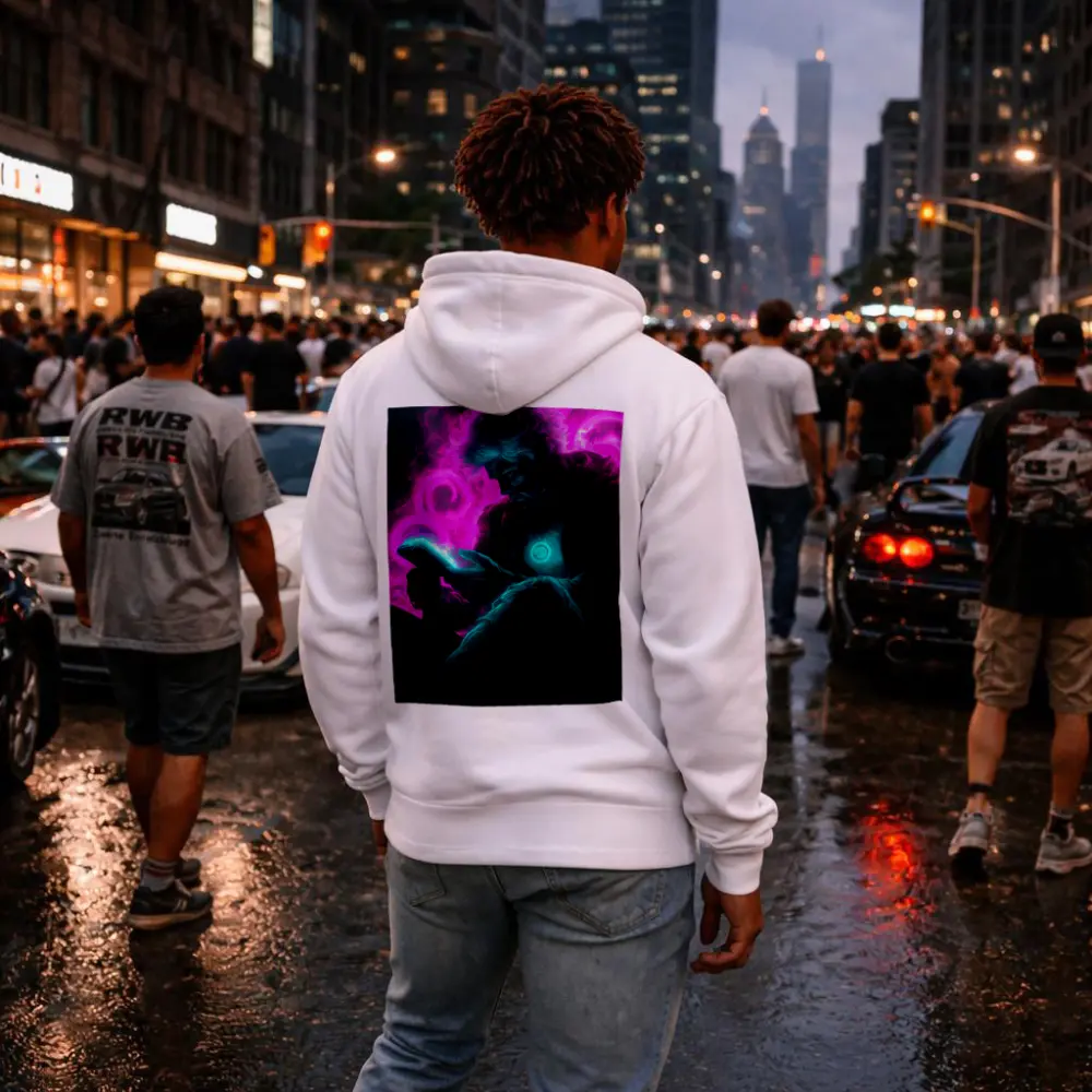 Neon Cyberpunk Man Scrolling Glowing Phone – Hoodies