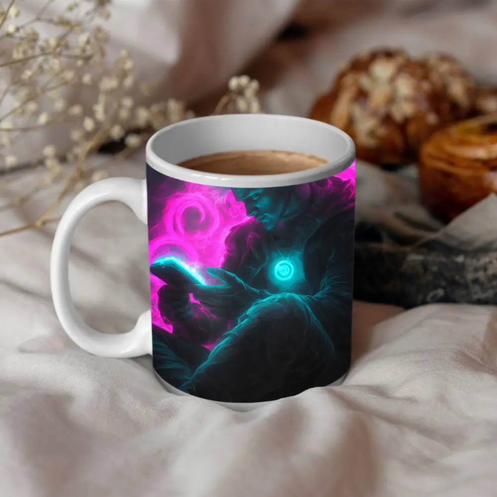 Neon Cyberpunk Man Scrolling Glowing Phone – Mugs