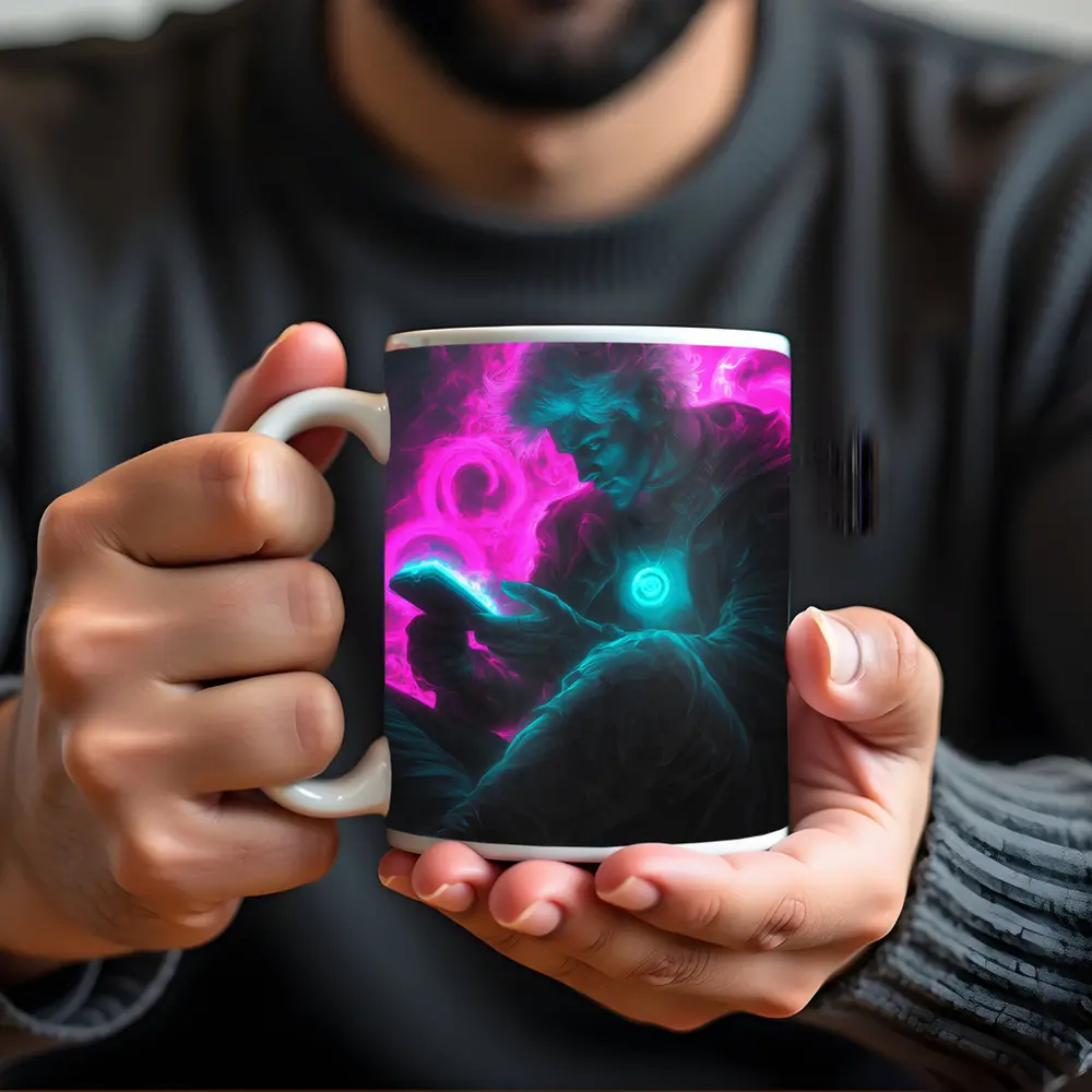 Neon Cyberpunk Man Scrolling Glowing Phone – Mugs